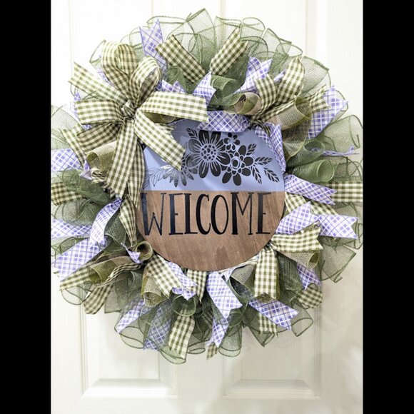 Welcome Wreath, Home Decor, Gift, Purple, Spring Decor, Door Hanger, Wreath - Picture 8 of 8